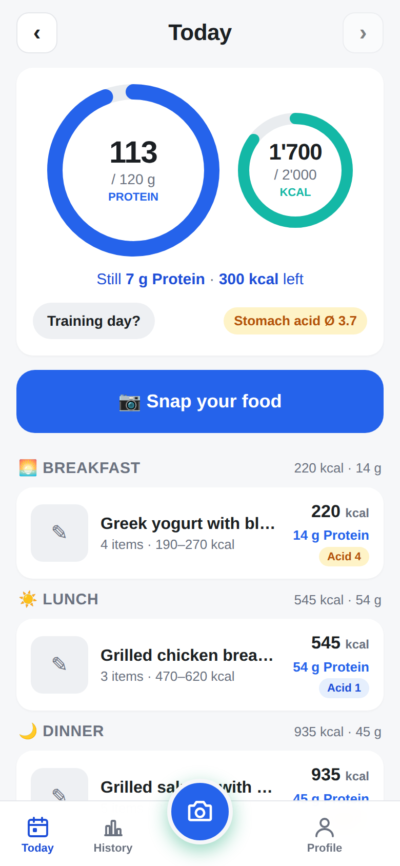 ProteinLook daily view: protein ring and calorie ring, meals with calories, protein and stomach-acid index